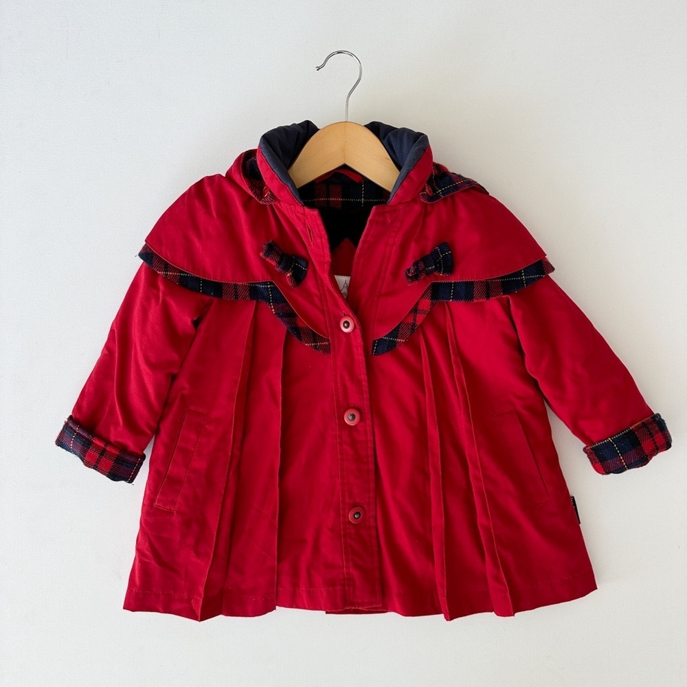 Vintage London Fog Pleated Coat -Red with Plaid Details Detachable Hood-Size 2T